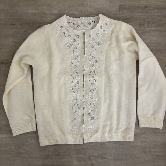 VTG 50s Cream Hand Beaded Grannycore Sweater Sm Lined Cottagecore Pin Up Glam - Picture 2 of 15